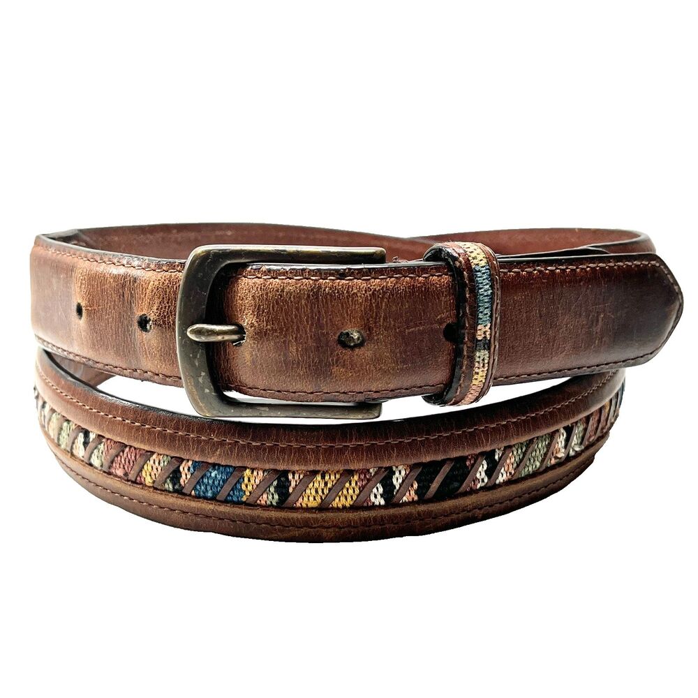 Columbia Brown Cotton Leather Mens Belt Size 44 Herringbone Weave Aztec Western